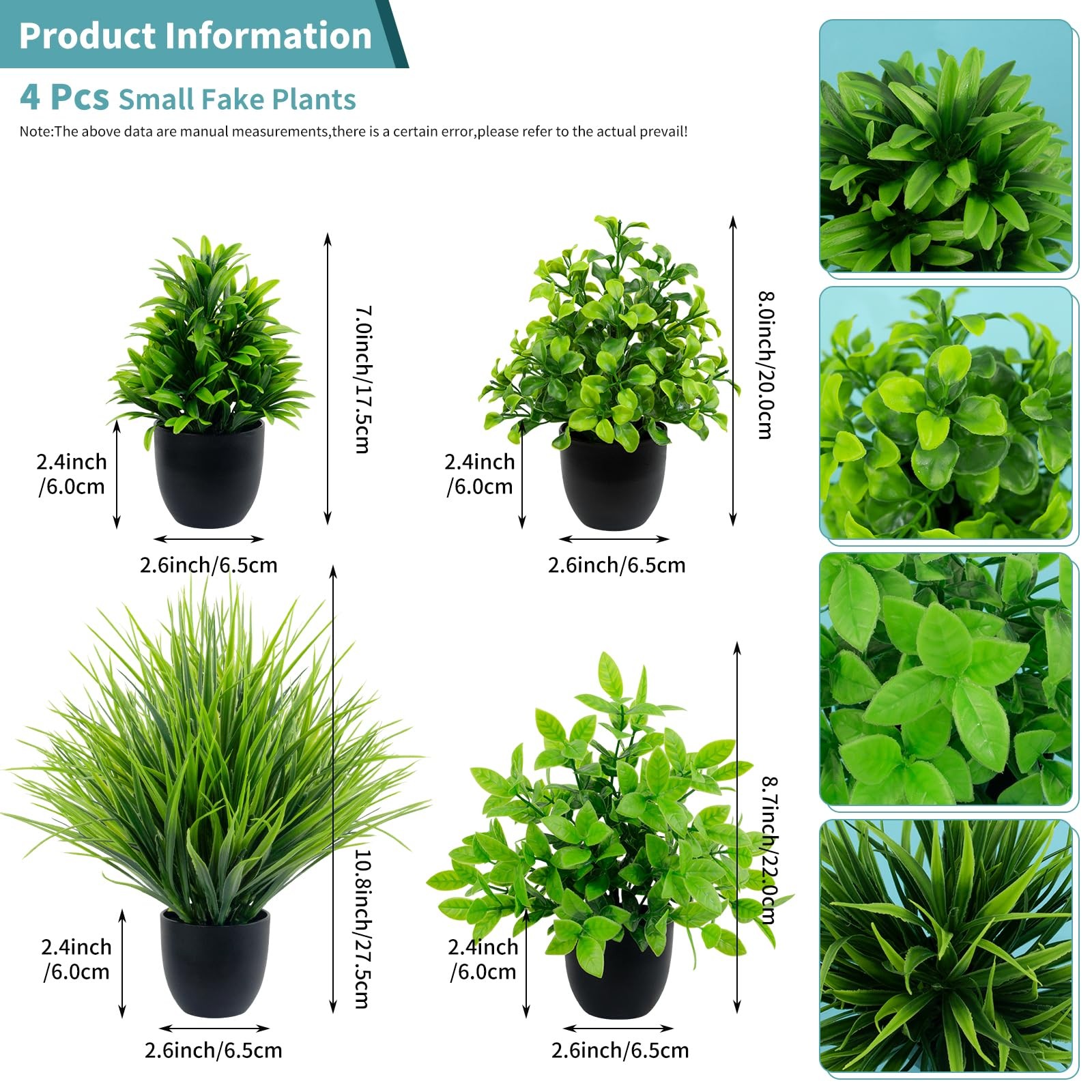 4 Pack Mini Fake Plants Small Artificial Greenery Potted Plants in Black Pots…