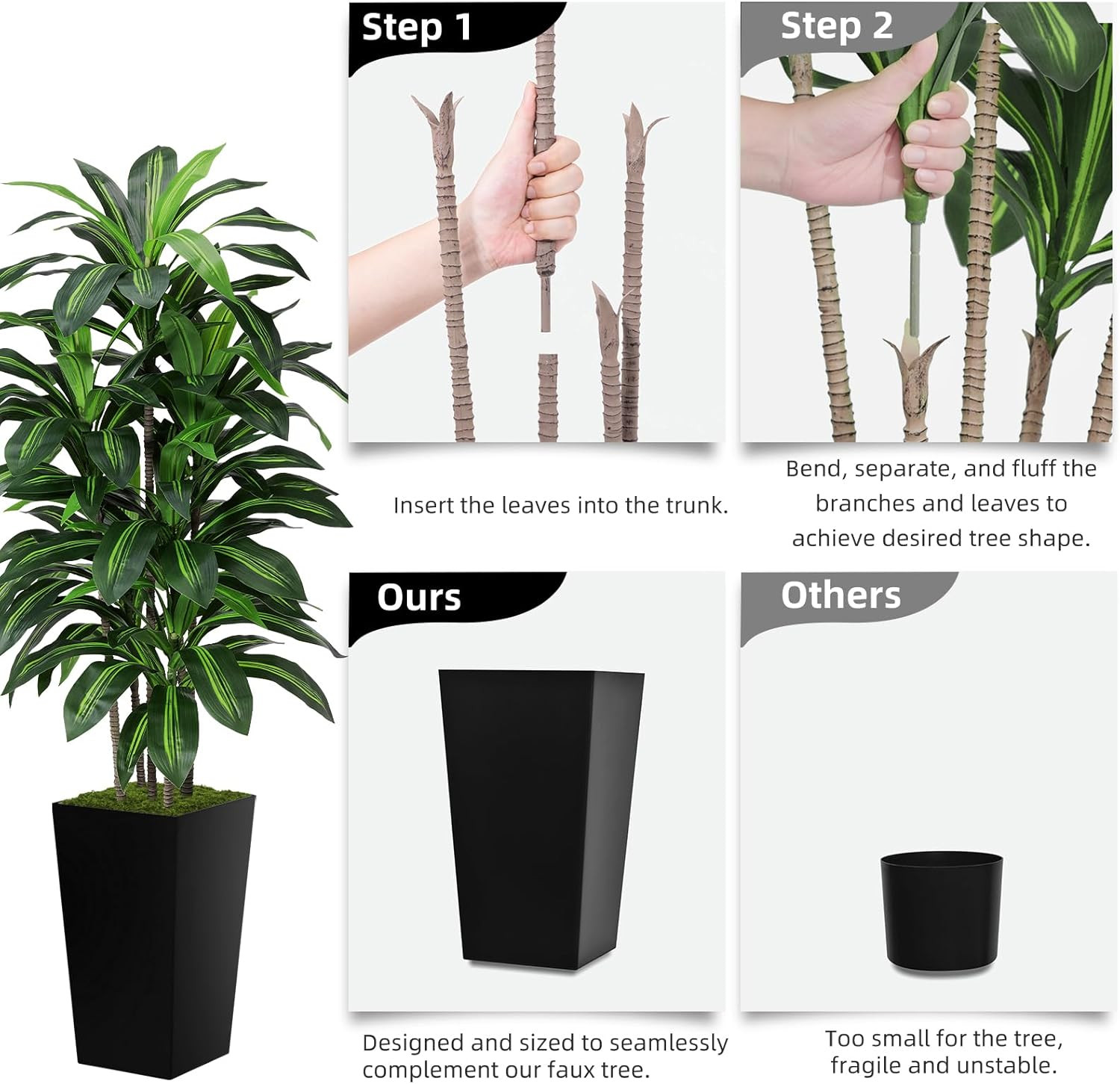 Artificial Dracaena Plant Indoor 5FT – Fake Tree with White Tall Planter – Faux