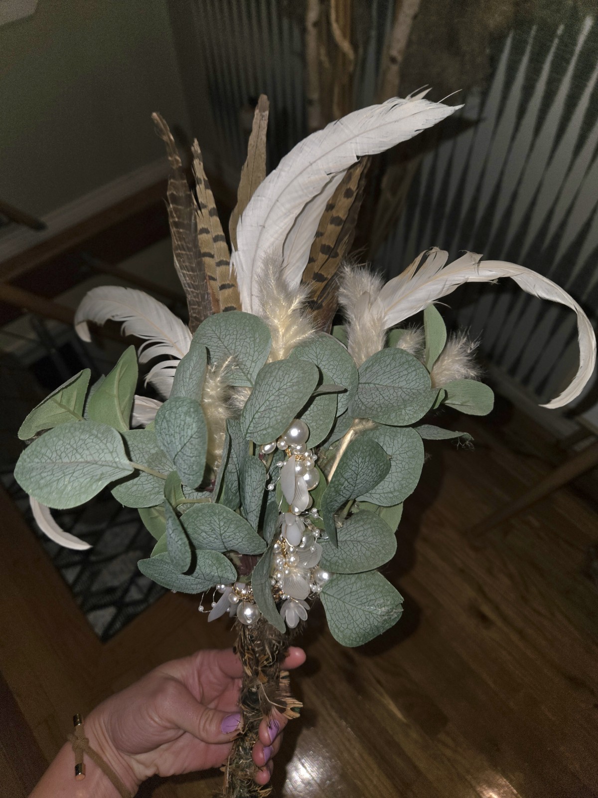 Boho Faux Eucalyptus & Feather Bouquet Rustic Pearl Floral Arrangement