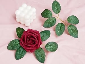 16Pcs Artificial Flowers Fake Roses with Stems, Burgundy Boxed Foam Roses for
