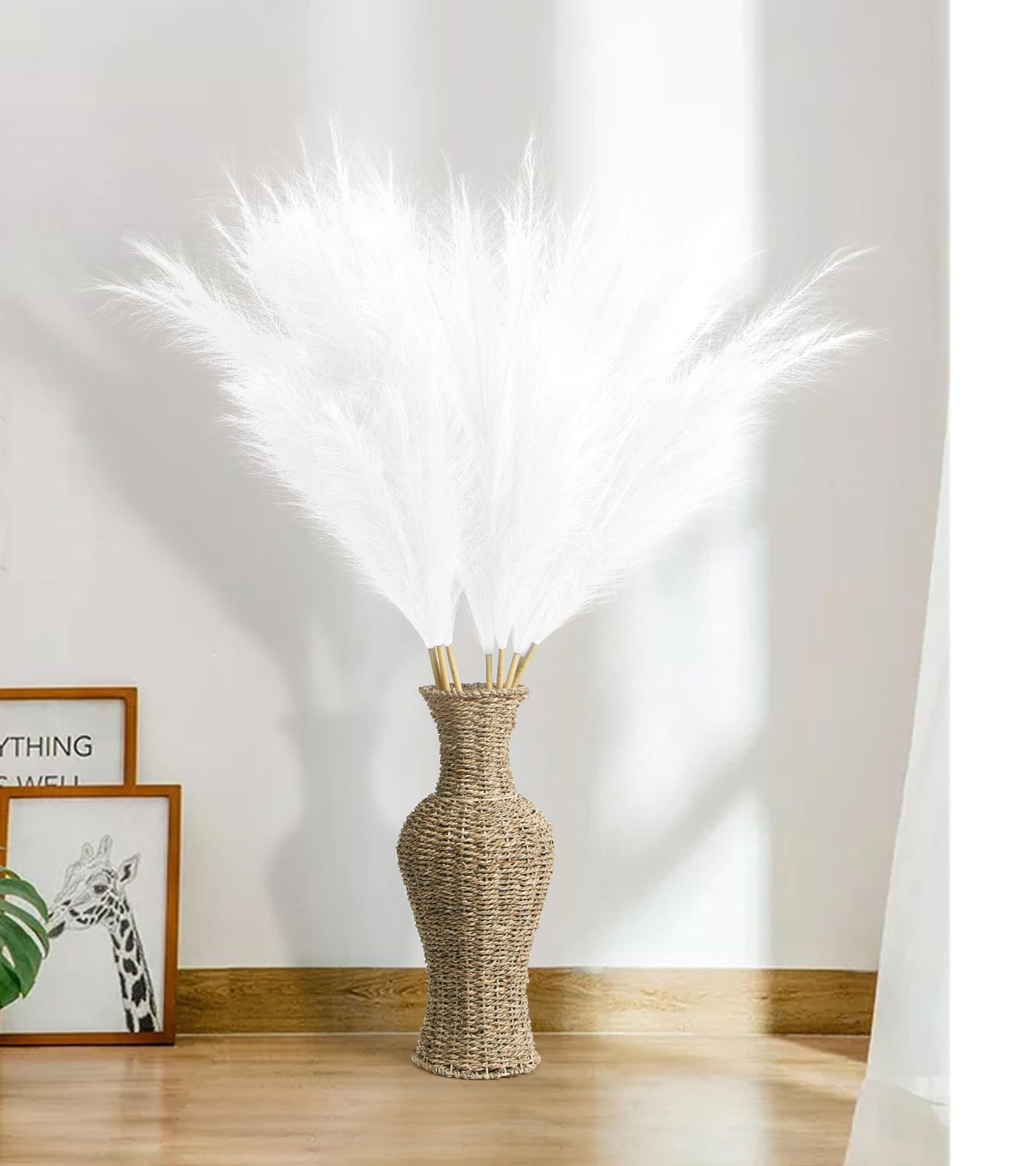 9 Pcs 45″ Tall Pampas Grass White Decor, Long Stem Artificial Flower Floor Va…