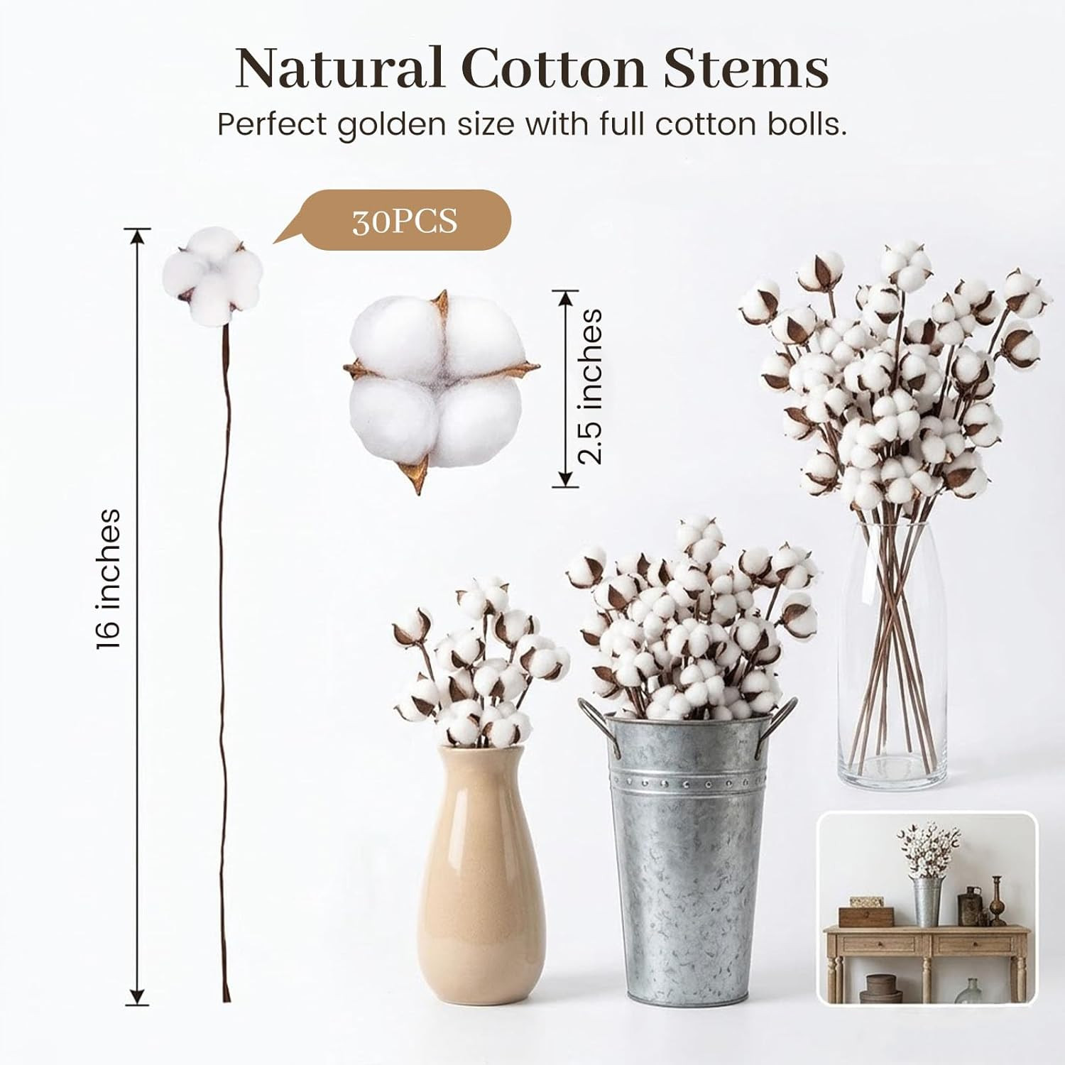 30PCS Natural Dried Cotton Stems 16″ Tall, Rustic Cotton Sprigs for Vase Fillers