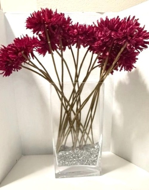 Artificial Pink Daisy Arrangement W/ Filler In Clear Glass Vase 16″Hx8″Lx2.5″W