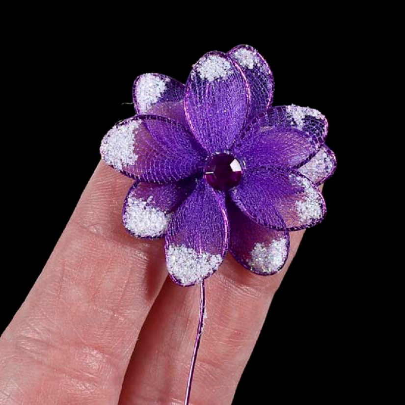 4 PC Purple Nylon & Rhinestone Flowers on stems With Glitter NEW 5-3/4″ Tall