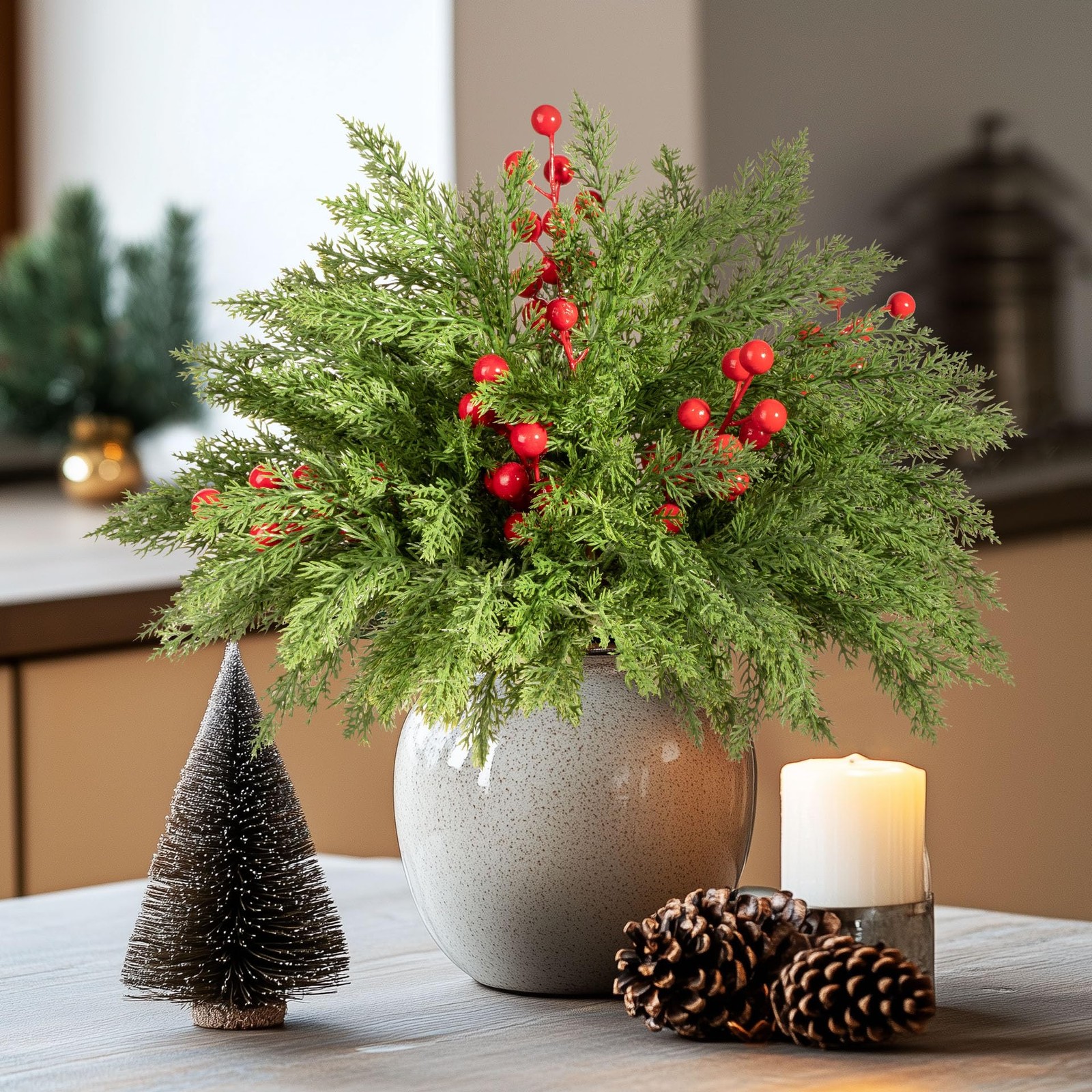 Artificial Christmas Norfolk Pine Stems with red Fruit 6PCS Fake Branches for…