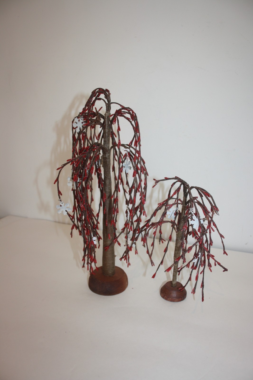 Set of 2 Artificial Weeping Willow Trees Red Primitive Rustic Decor Wood Stands