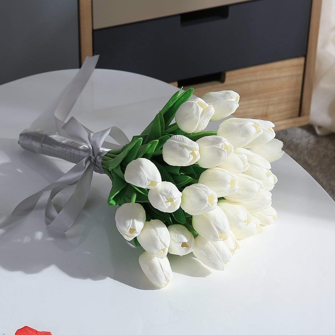 10-20× White Artificial Tulip Fake Flowers Real Touch Pop Wedding Home Decor US