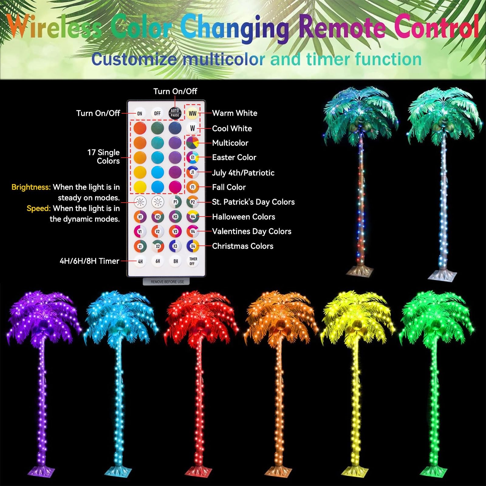 5FT Light up Palm Trees Outdoor with Remote, RGB