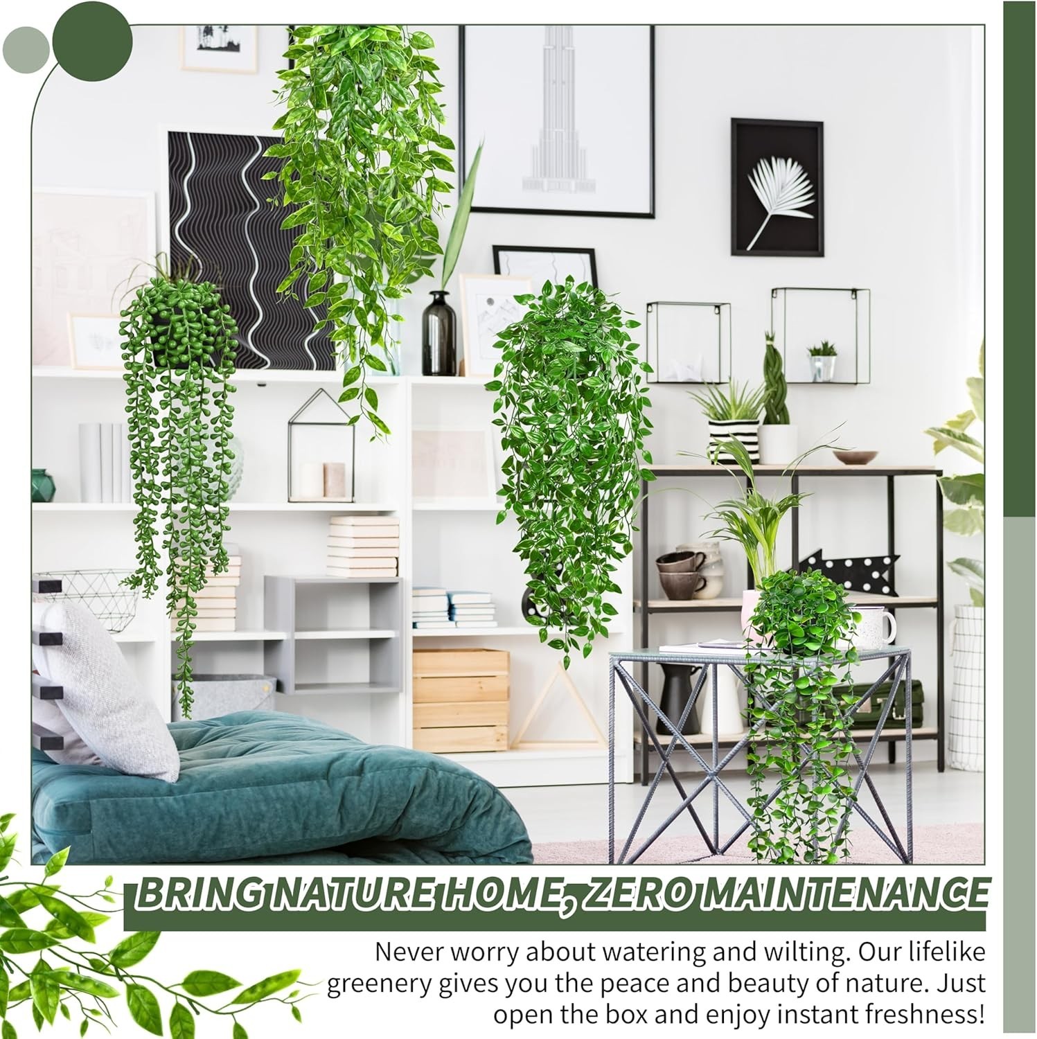 4 Pack Faux Artificial Hanging Plants, UV Resistant Fake Potted Greenery with…