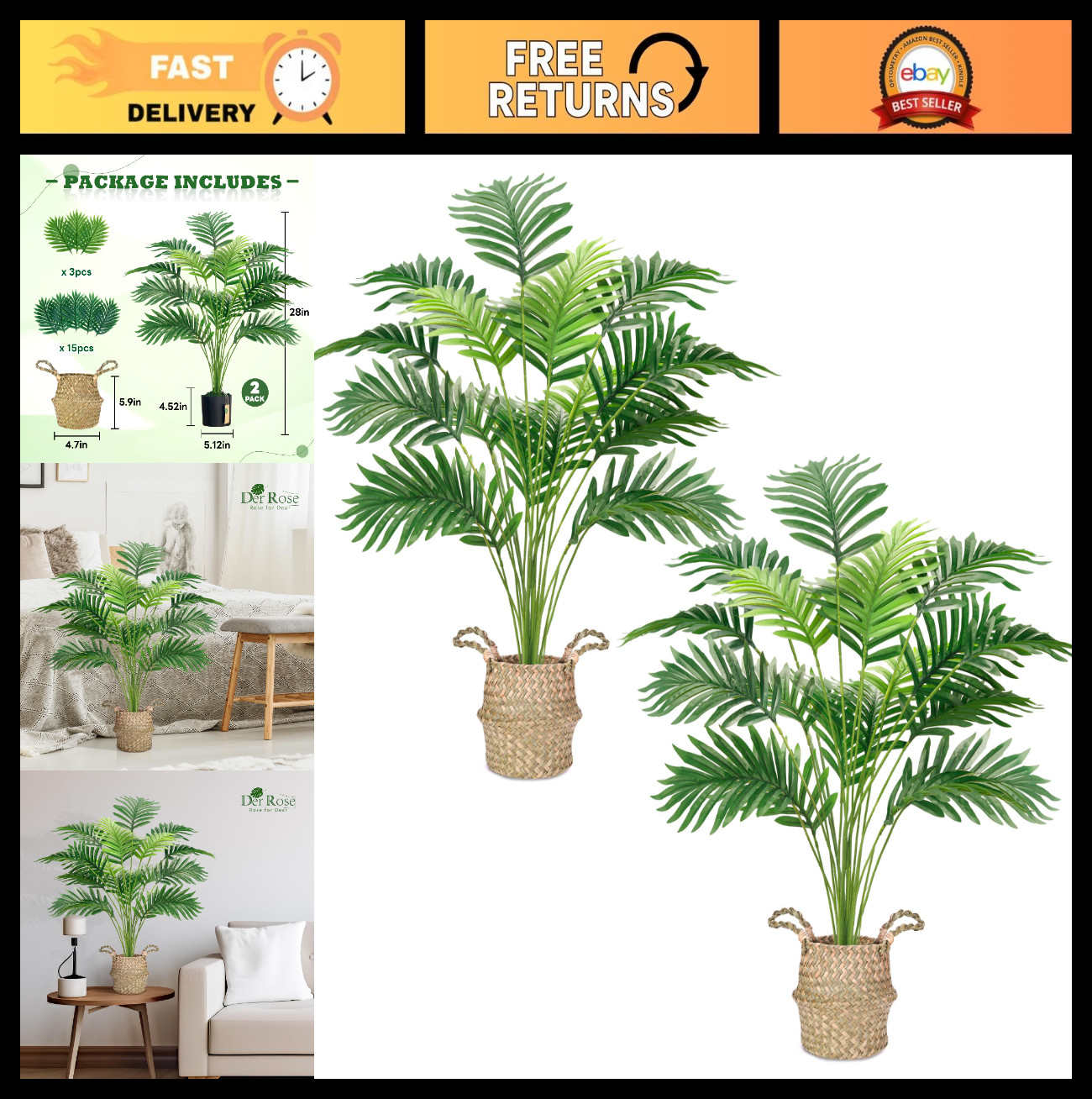 28″ Faux Areca Palm Tree – 2 Pcs Large Fake Potted Plant for Indoor/Outdoor Deco