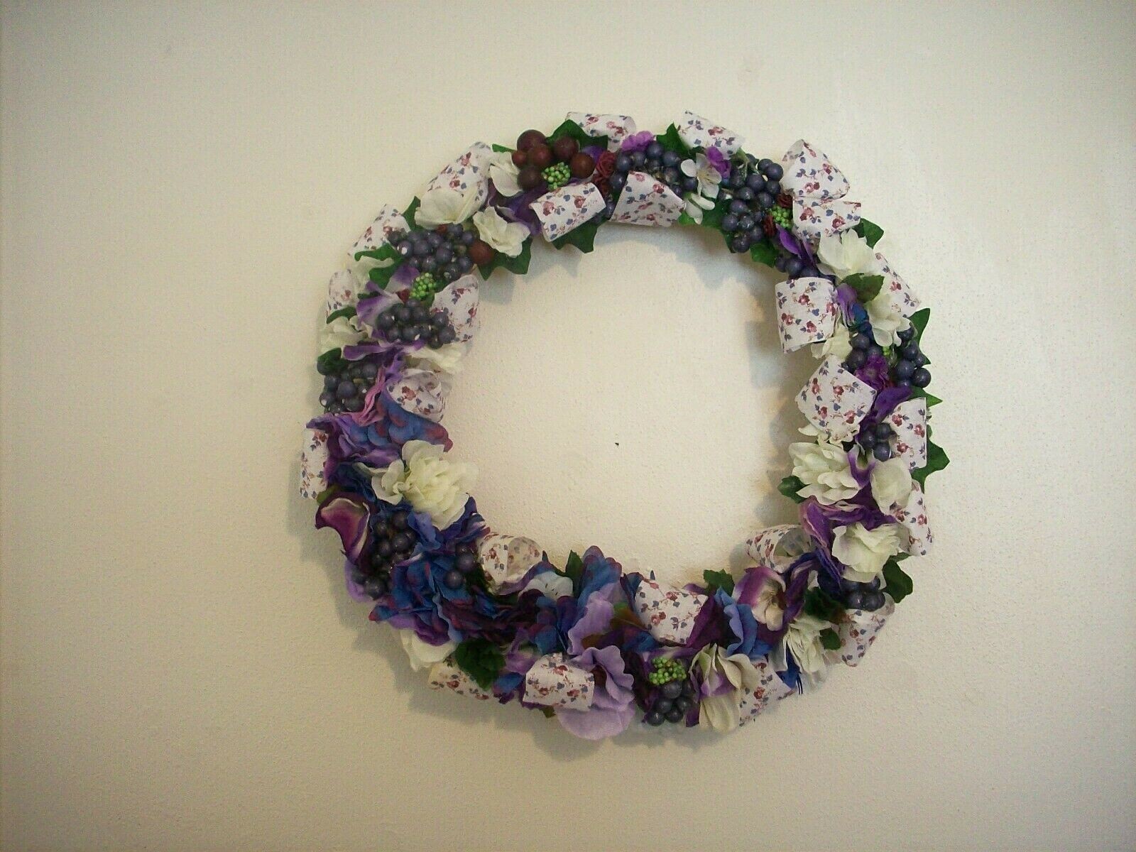 New- Country Farmhouse 13″ Floral Door/Wall Wreath Purple/Blue/White