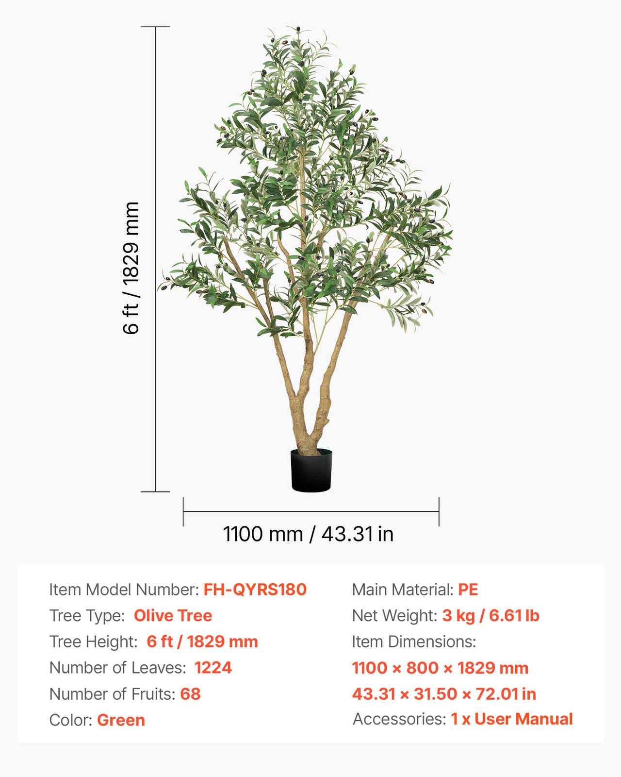 VEVOR 6FT Artificial Olive Tree Tall Fake Plant with Black Pot for Home Office