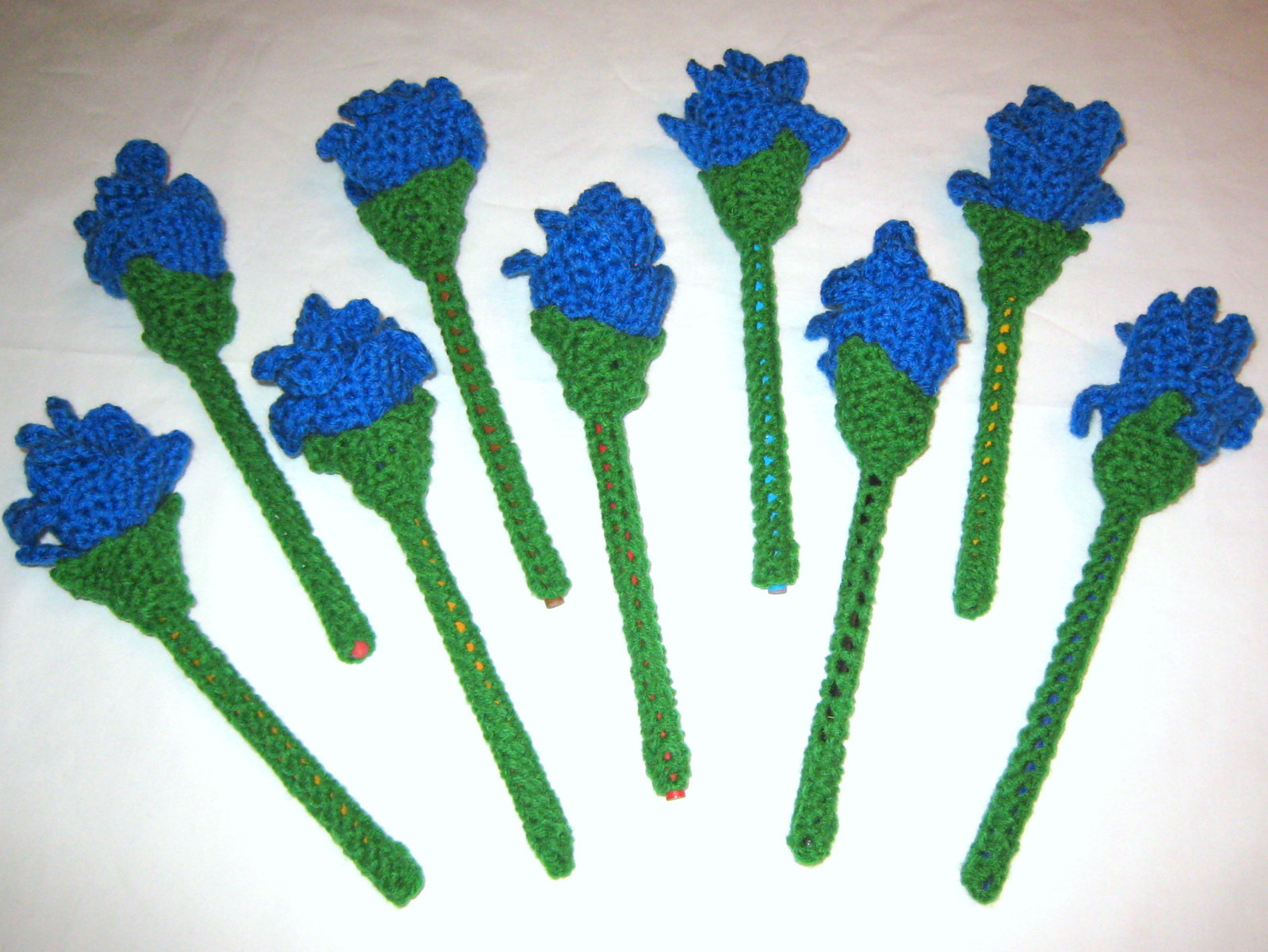 7 HANDMADE Knit CROCHET Bouquet of LONG STEM Blue ROSES Flower FLORAL Home DECOR