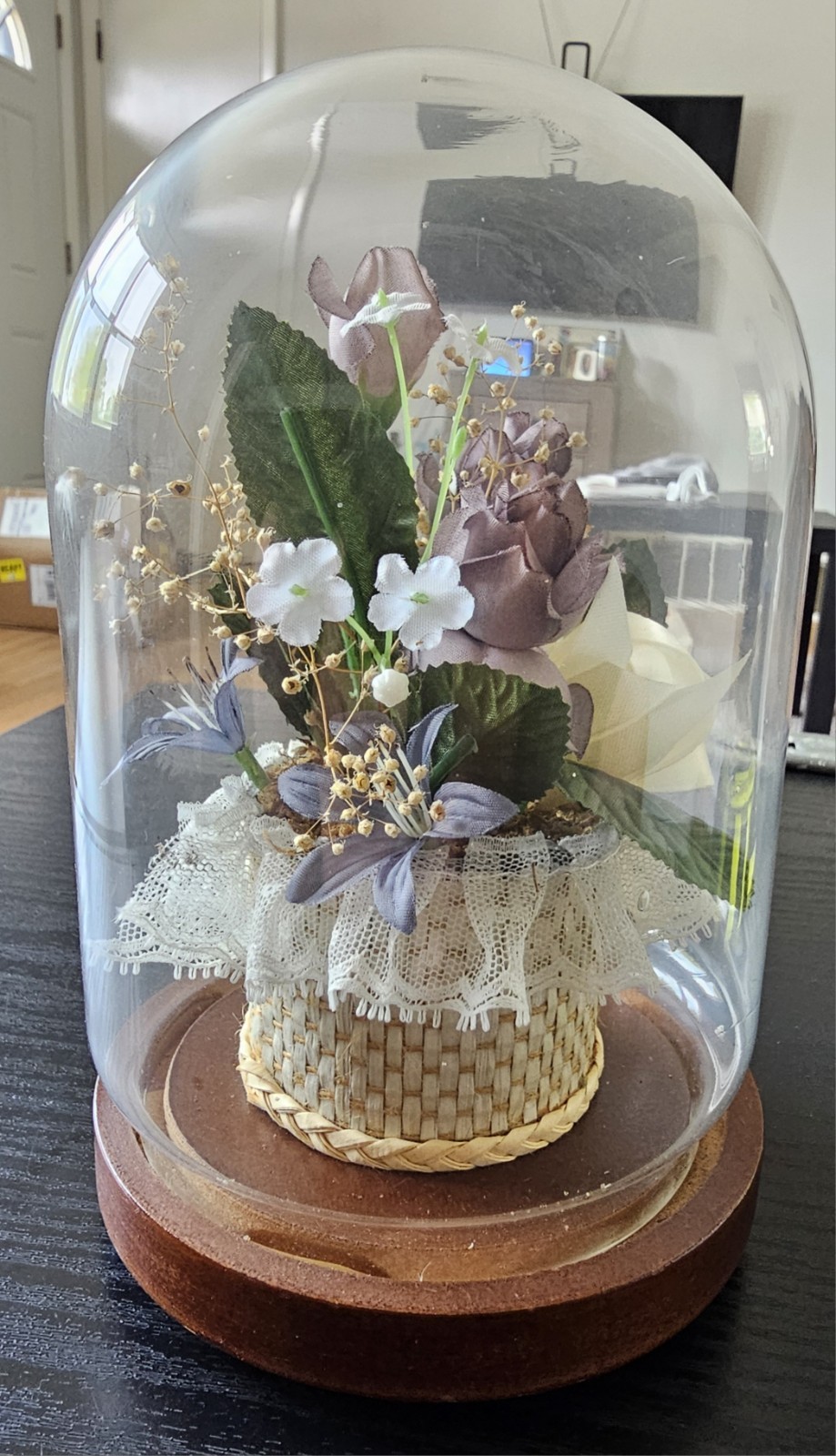 Vintage Glass Dome Floral Display Bell Jar Wood Base Cottagecore Decor 1970s