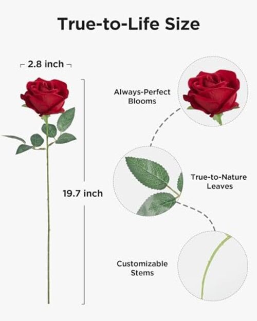 Pcs Roses Artificial Flowers, Fake Velvet Silk Rose Bulk Faux Flower 50 Red