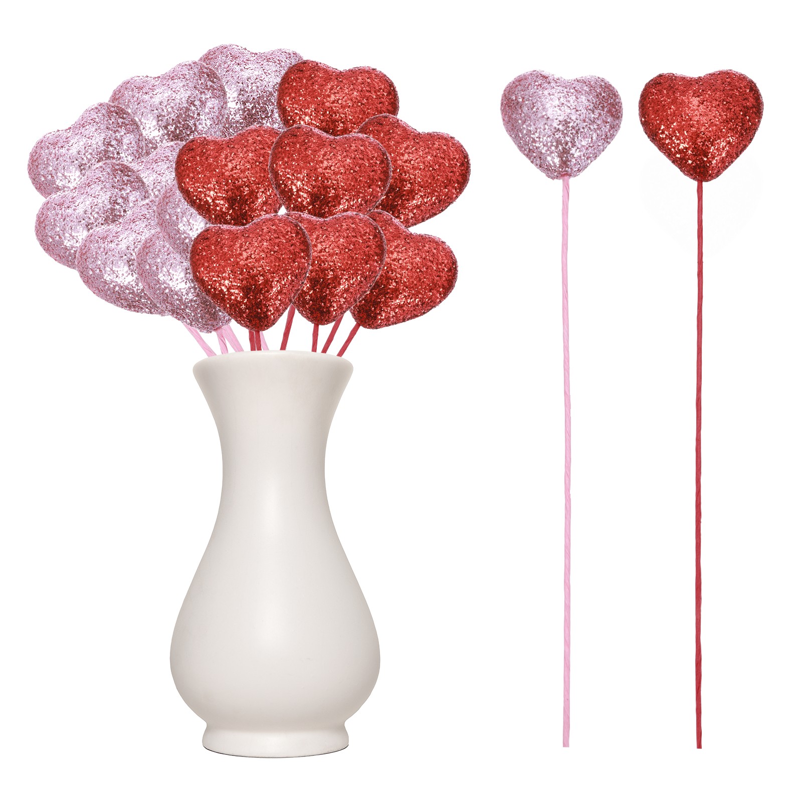 24 Pcs Glitter Heart Shaped Picks Puffy Foam Hearts Stick (Red/Pink, 4cm x 22cm)
