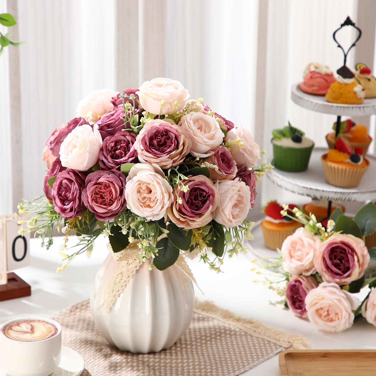 8 PCS Dusty Pink Rose Artificial Peonies Silk Flowers Bouquet Wedding Decor