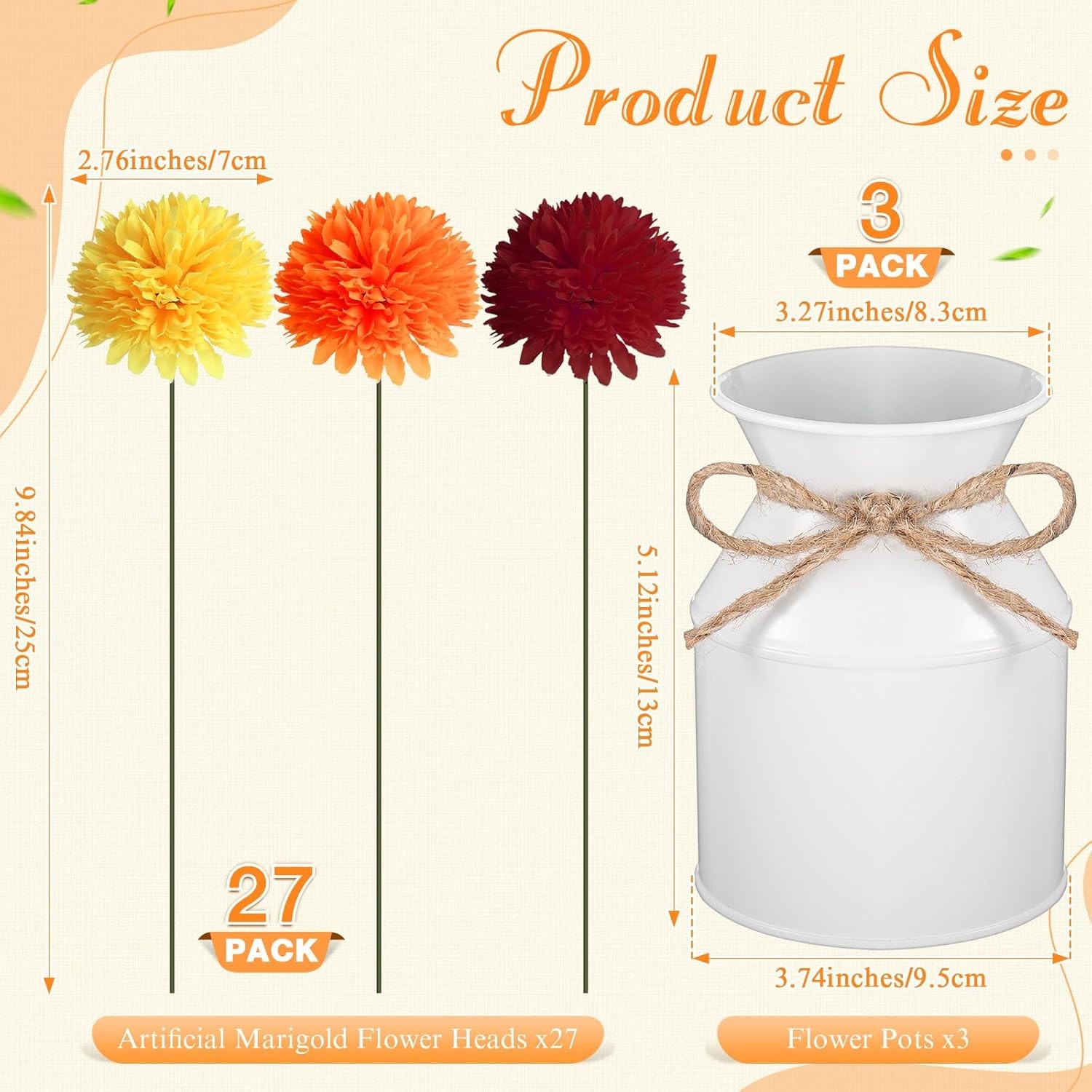 3 Sets Mexican Artificial Marigold Flowers 27 PCS Silk Mums Metal Pots