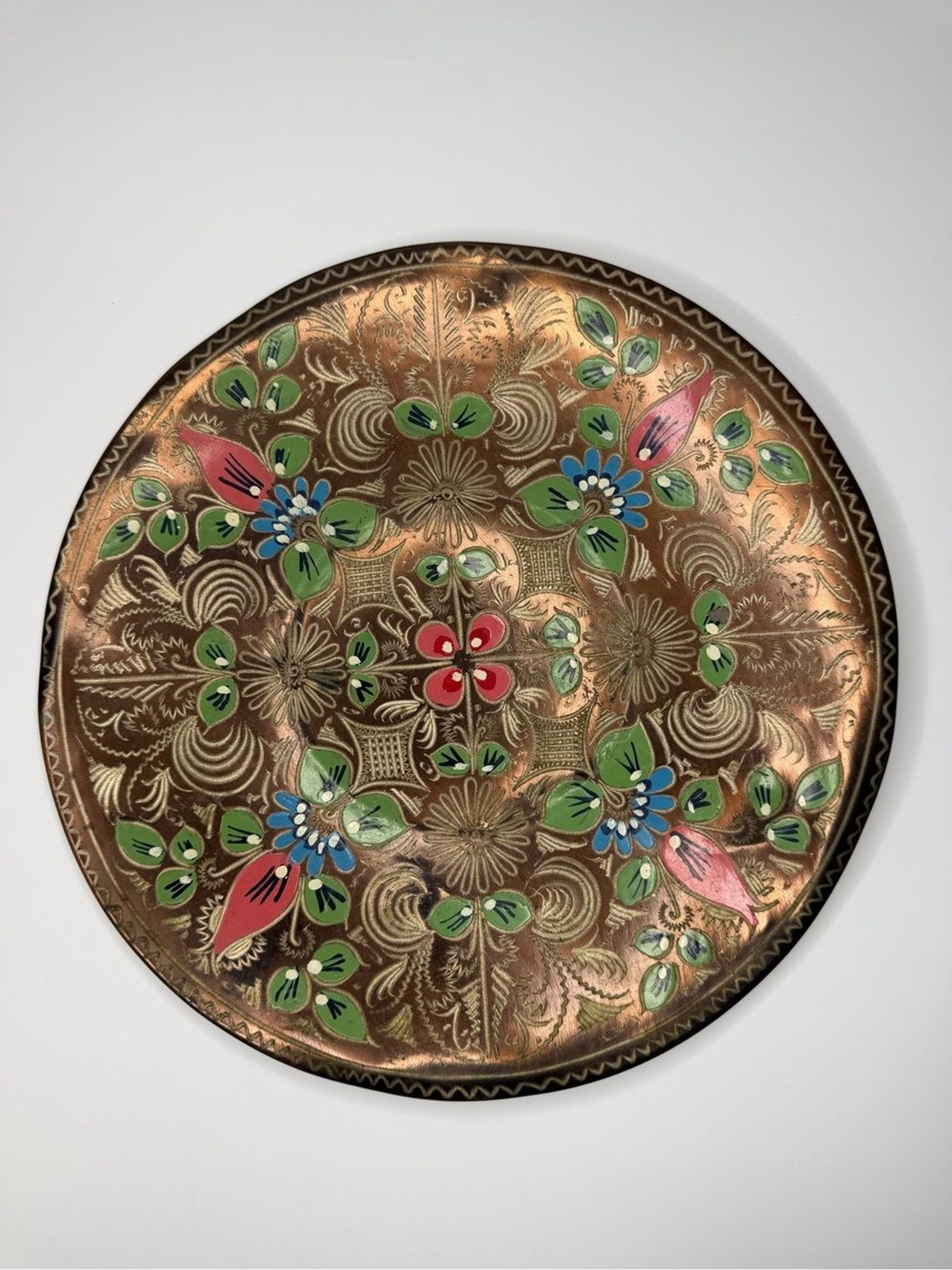Vintage Turkish Hand Painted Copper Wall Plate 11.5″ Boho Floral Narol Decor