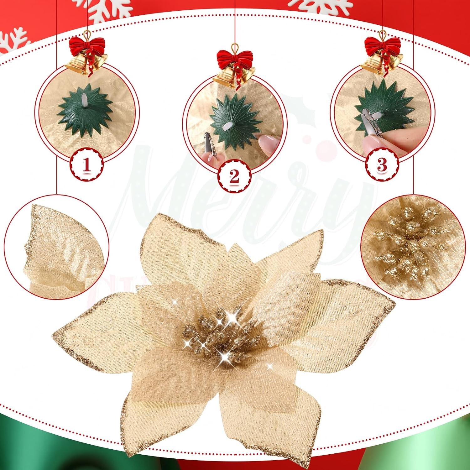 36 Pcs 3 Size Christmas Poinsettia Christmas Tree Flowers Glitter Faux Flower…