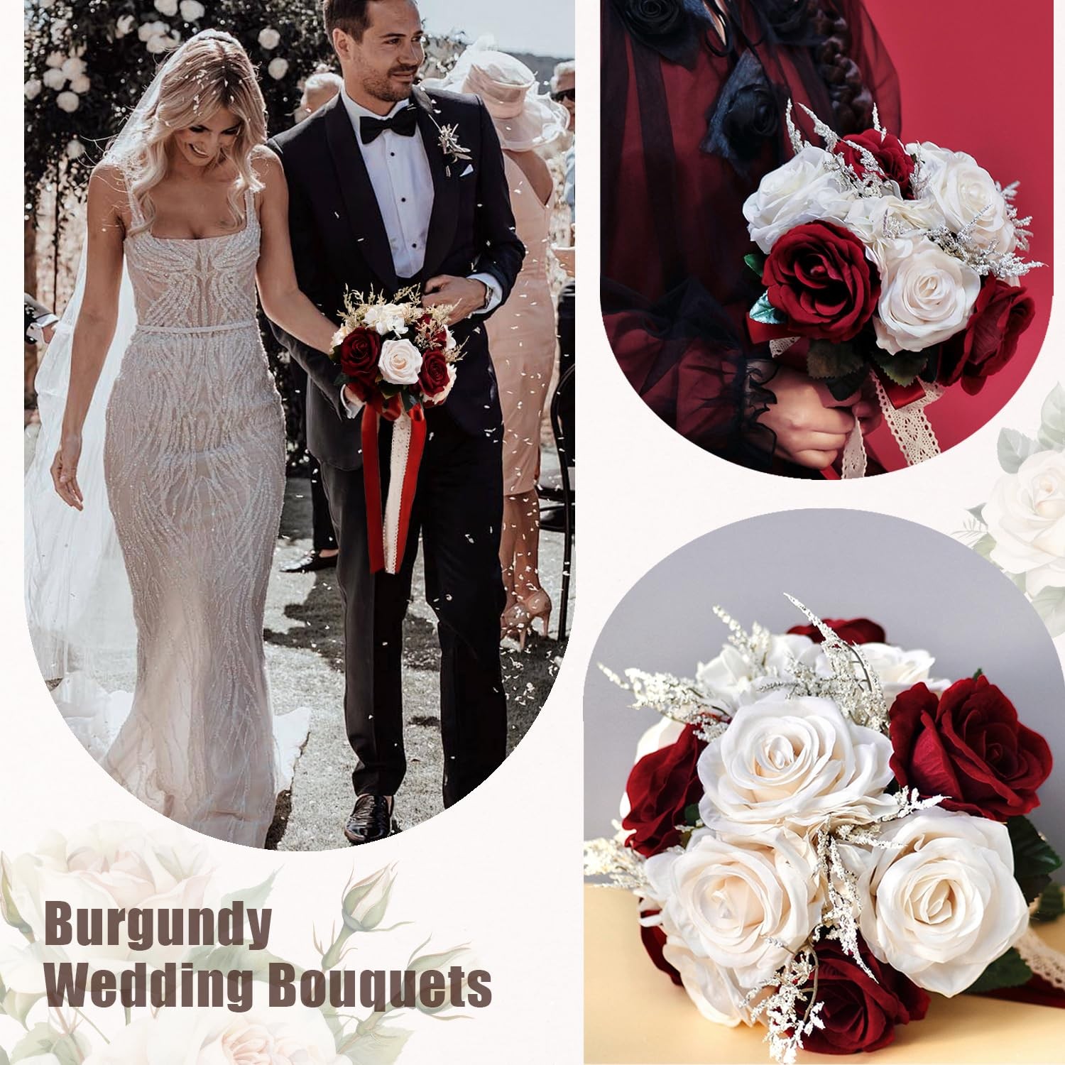 9 Inch Burgundy Wedding Bouquets for Bride Bridesmaid, Dark Red White Champag…