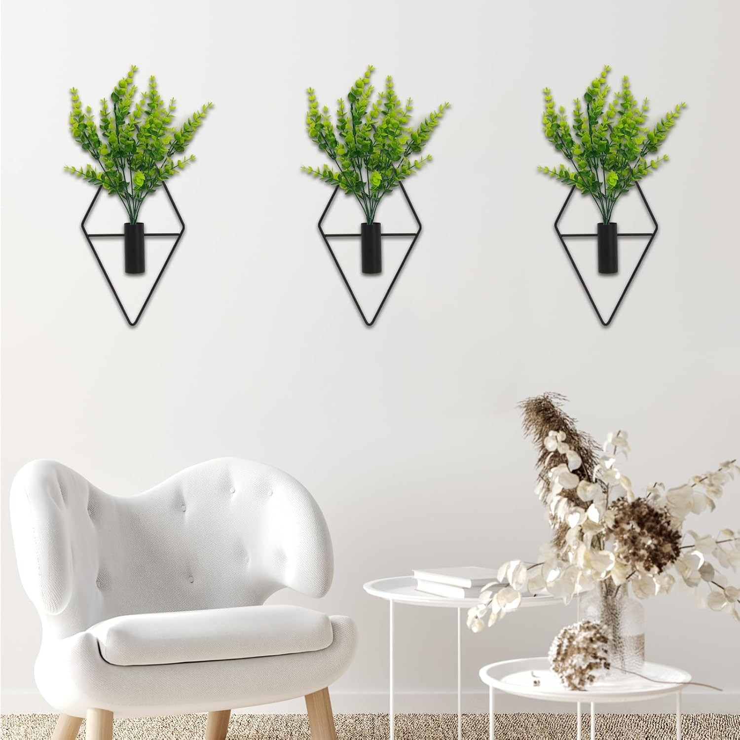 Elegant 3-Piece Geometric Metal Wall Planters with Eucalyptus for Home & Office