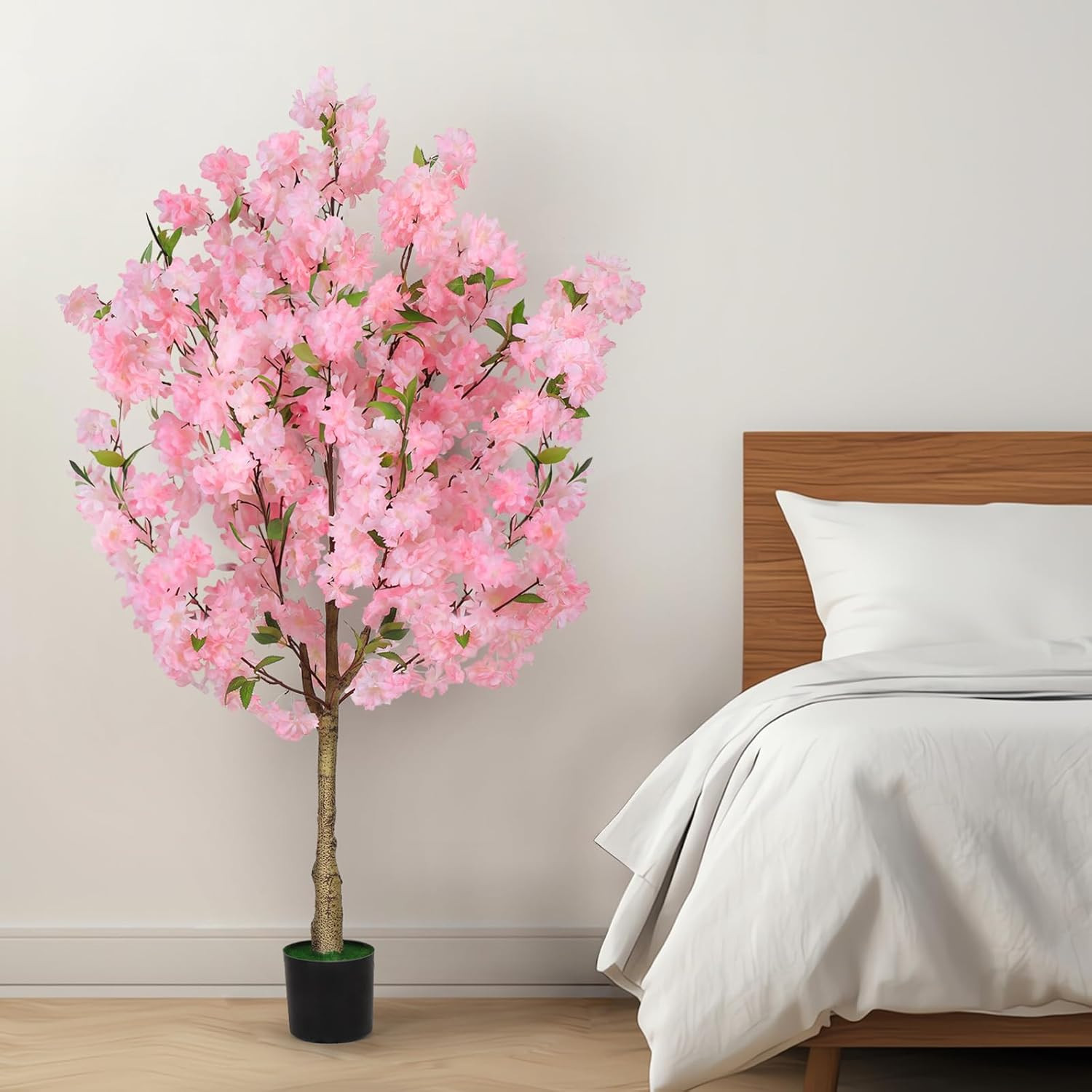 OUSHENG Artificial Cherry Blossom Tree, Fake Plants Indoor Decor, Faux Pink Saku