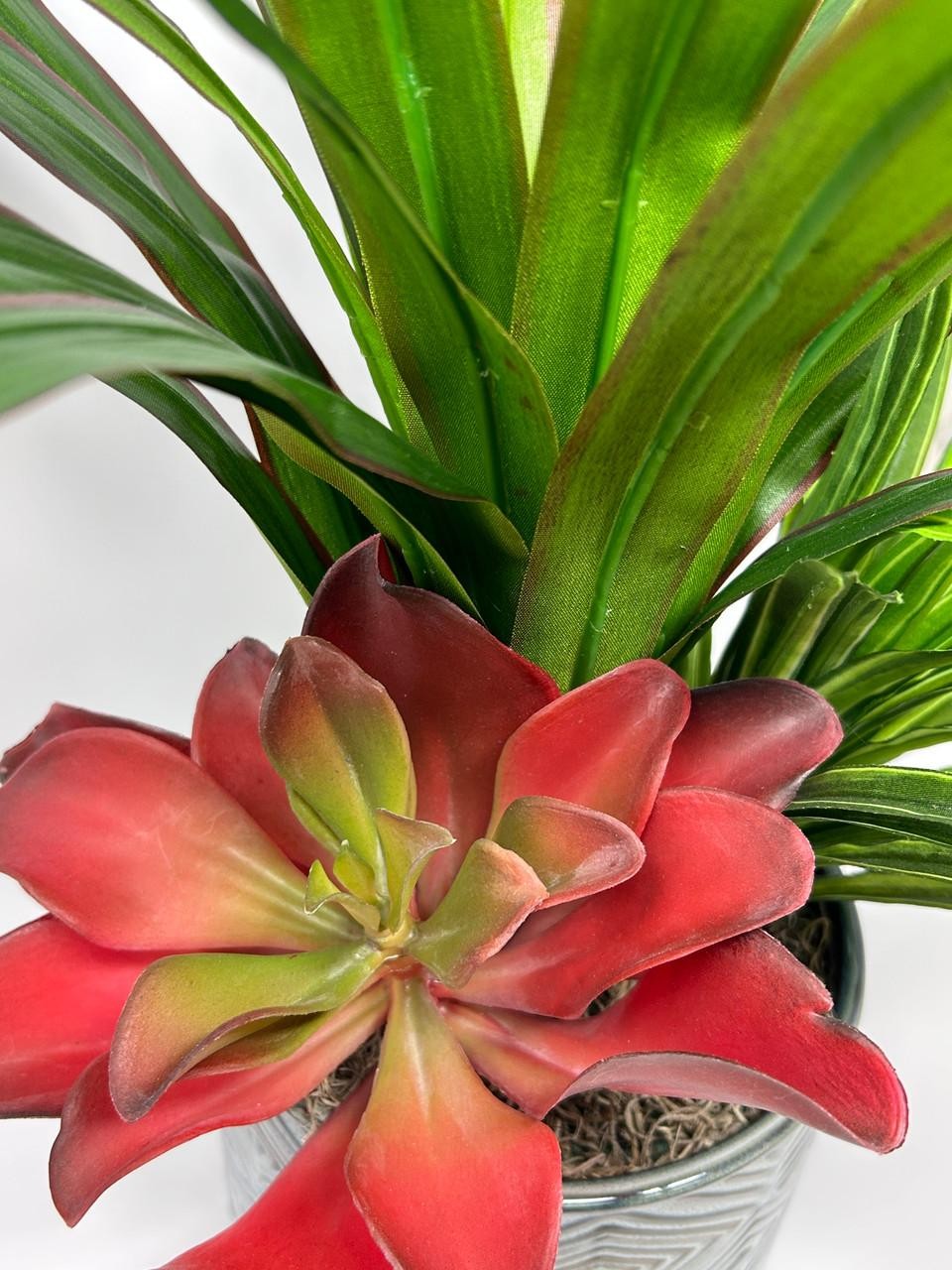 20″ Lg Faux Green-Red YUCCA Silk plant, Red Kalanchoe, Dracaena in Ceramic blue-