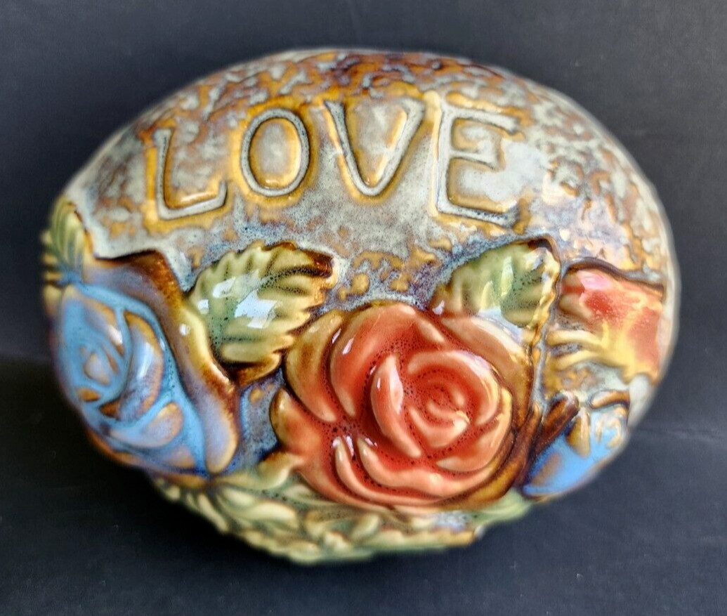 LOVE floral faux rock decor glossy home or gift ceramic glazed oval shape