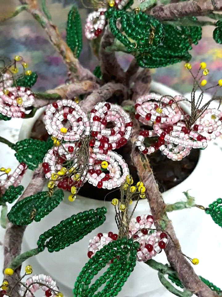 Vintage Crafted Seed Bead Cherry Blossom Bonsai Tree Arrangement in Ceramic Pot