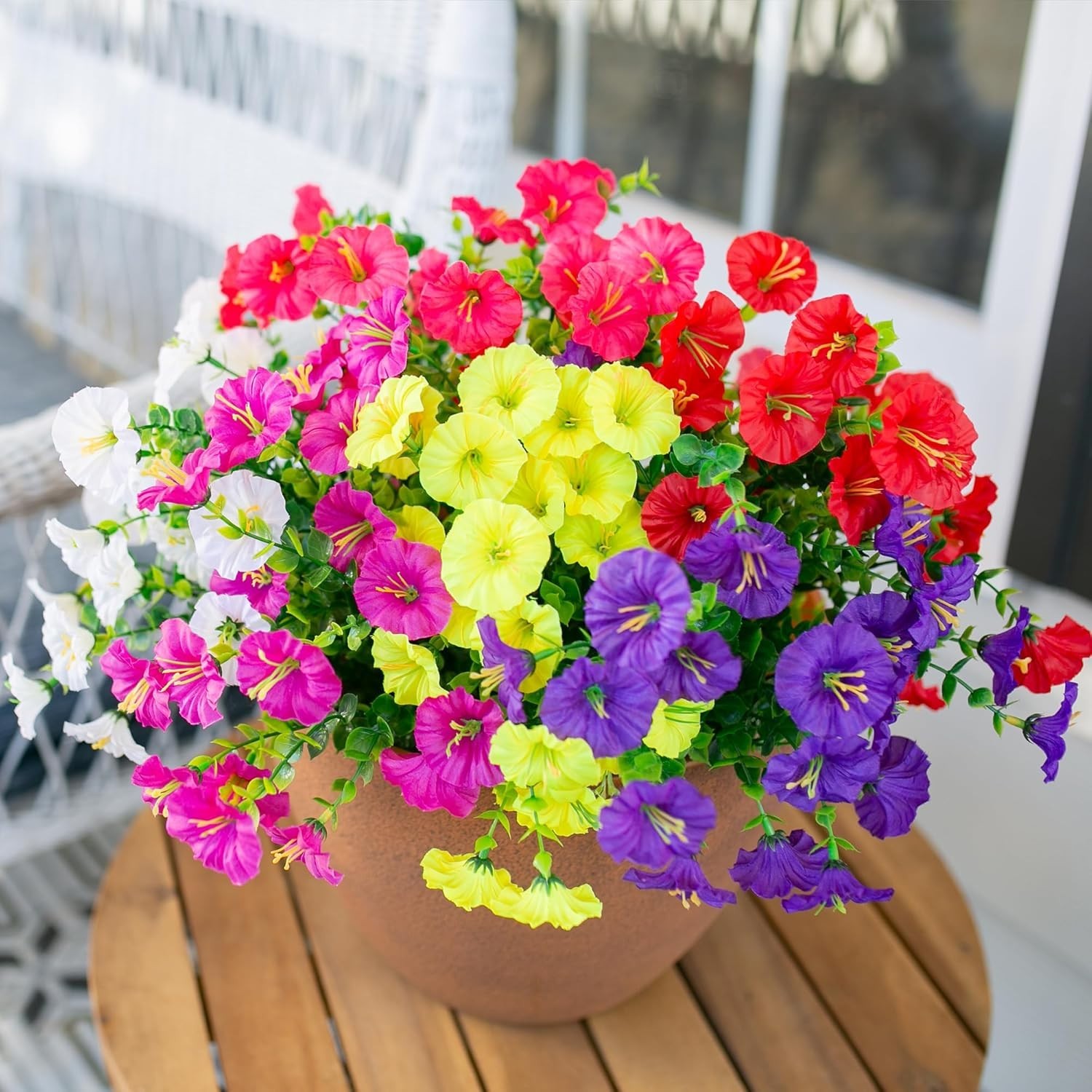 All-Season Artificial Outdoor Flowers – 12 Bundles of Morning Glory & Eucalyptus