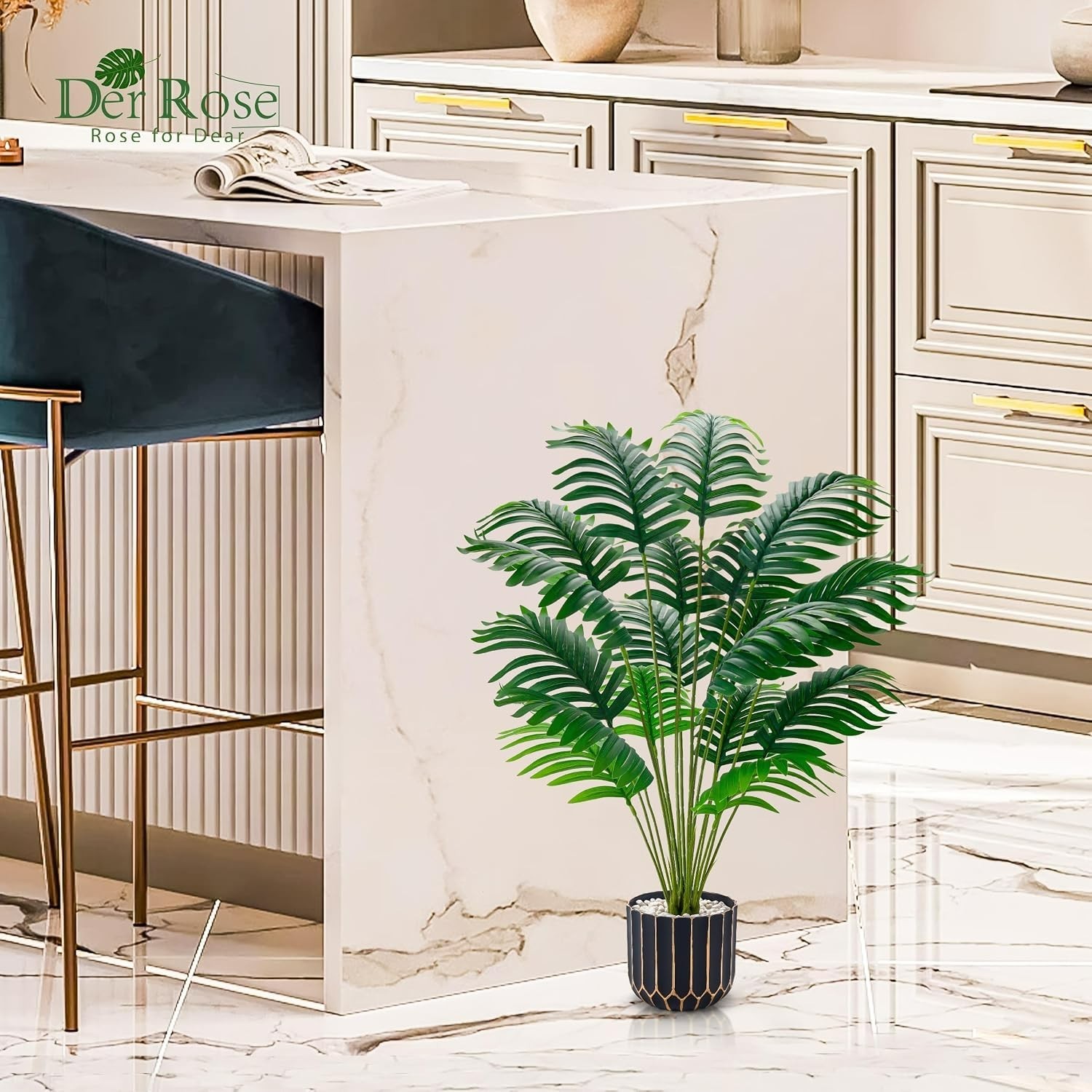 Realistic 28” Tall Faux Palm Tree with Black & Gold Pot for Stylish Home Decor