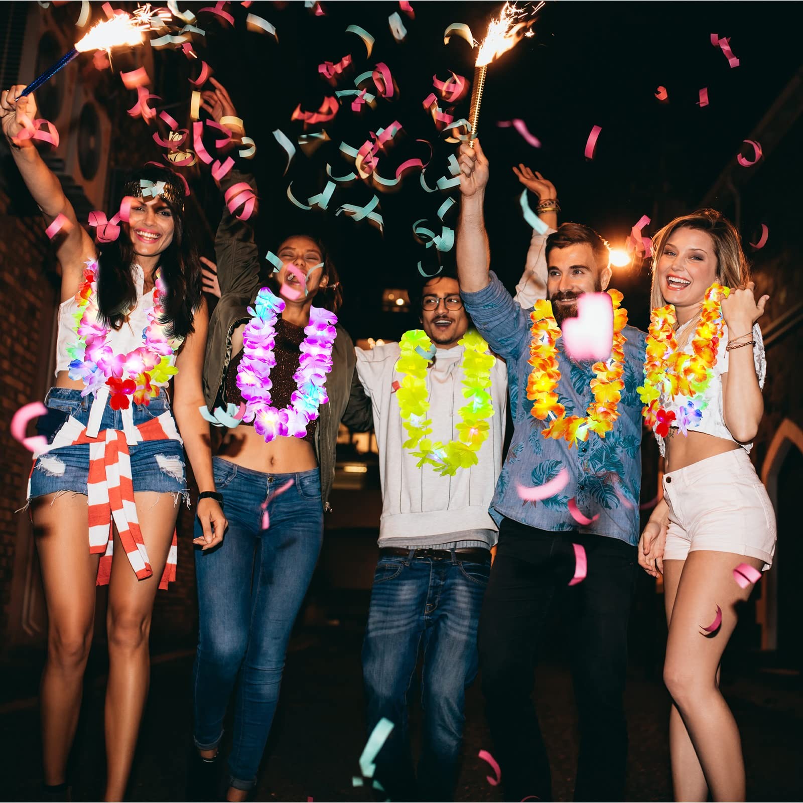 Giegxin 24 Pcs LED Hawaiian Lei Light up Flower Lei Tropical Glow Necklaces L…
