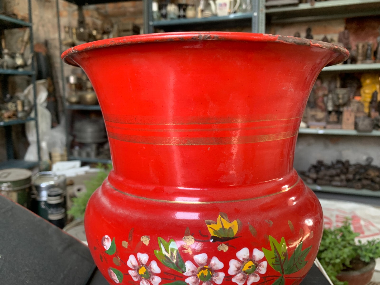 Vintage Hand Crafted Red Color Enamel Floral Leaf Design Painted Flower Vase Pot
