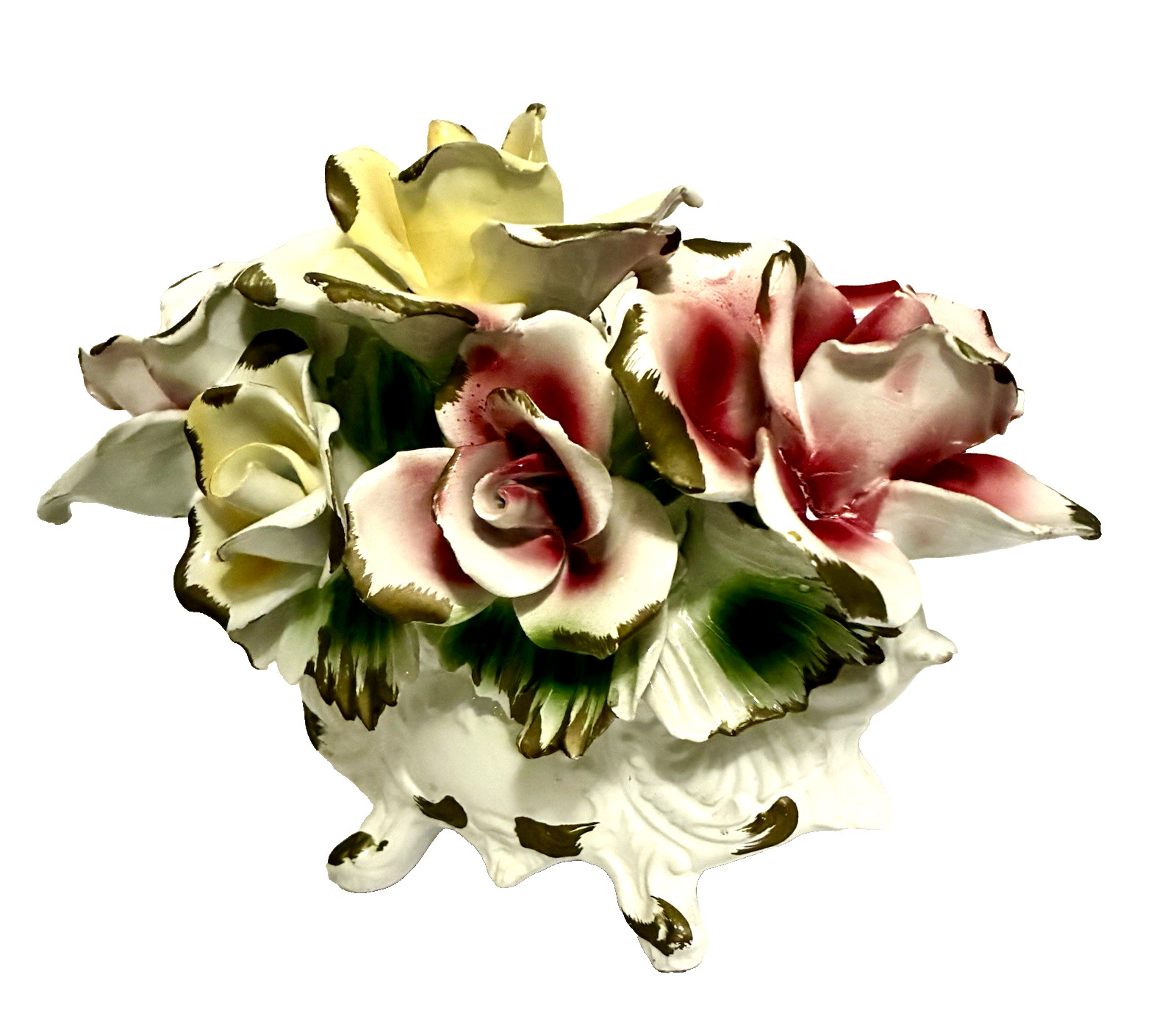 Vintage Capodimonte Italian Porcelain Pink and Yellow Seven Rose Centerpiece