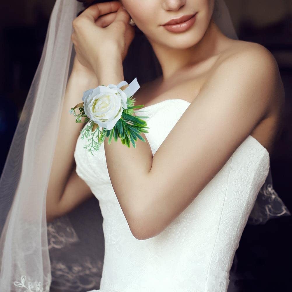 2Pcs White Rose Wrist Corsage and Boutonniere Set with Pins,Handmade Artifici…