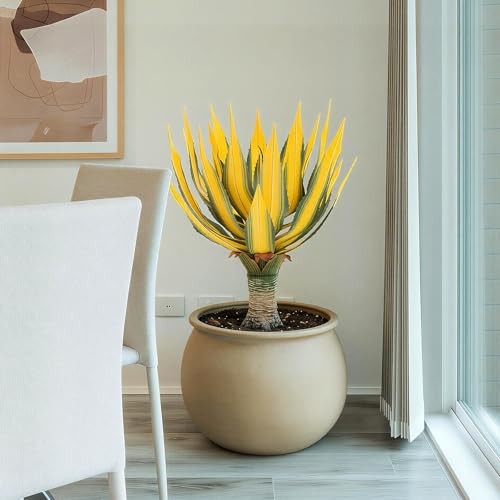Artificial Green Edged Gold Leaf Spiny Agave Plant with3 Leaves Faux 19.68in 2