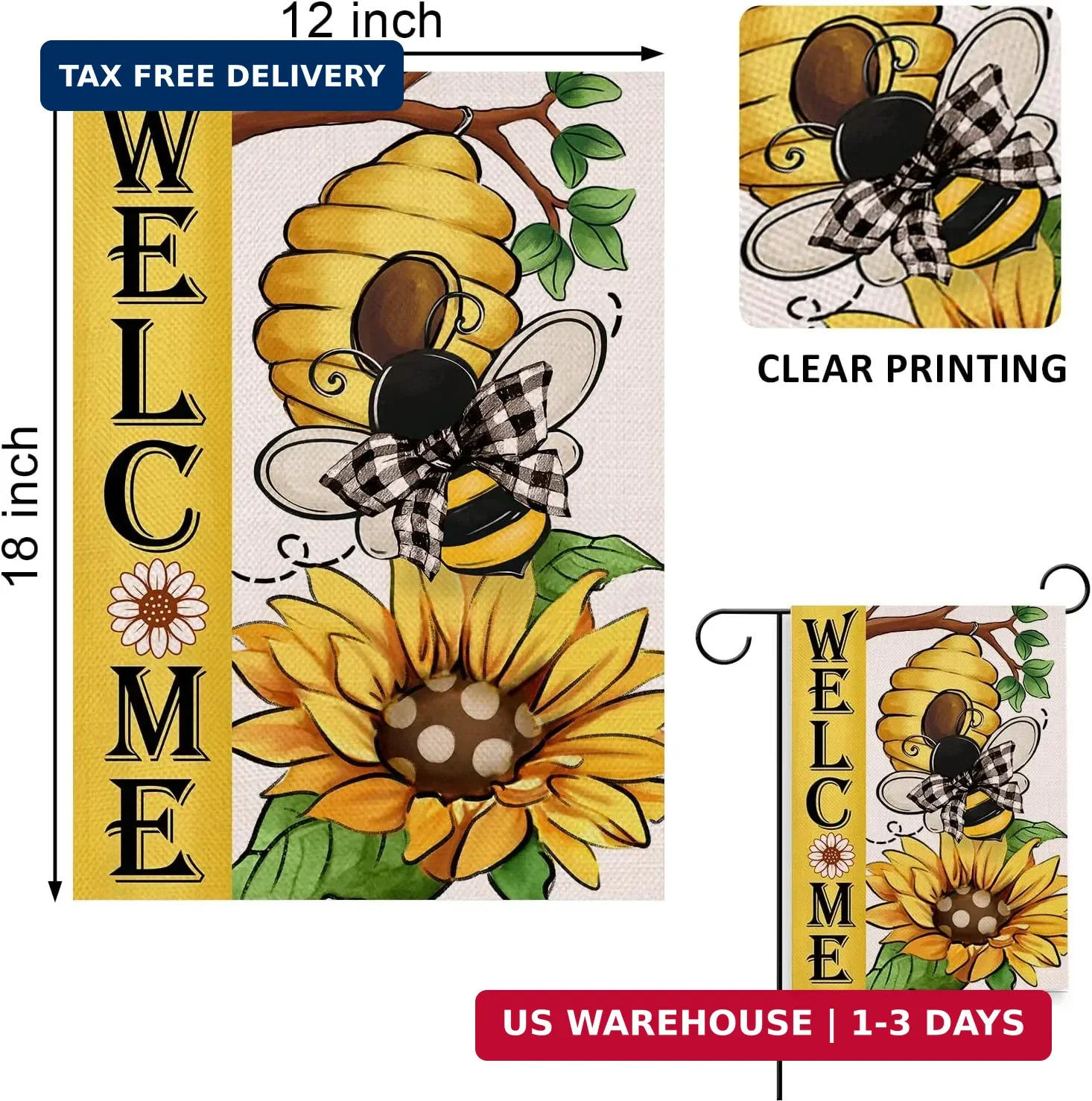 Welcome Spring Summer Bumble Bee Sunflower Decorative Garden Flag, Flower Honeyc