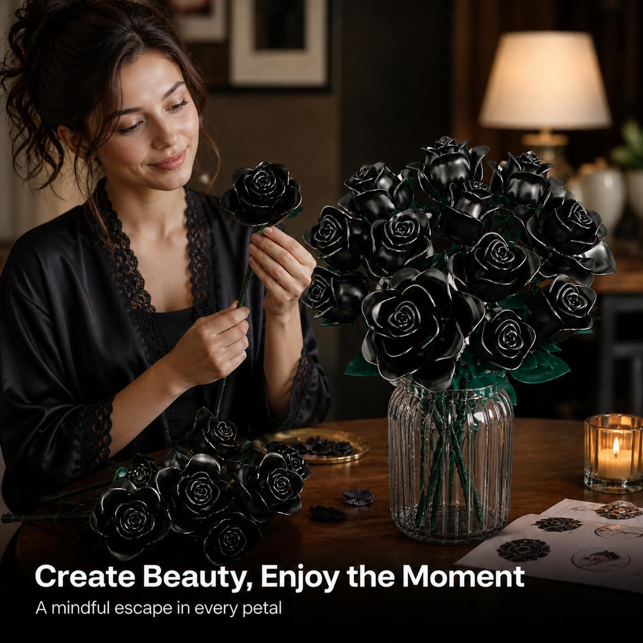 Black Roses Bouquet Building Set, 634Pcs Artificial Rose DIY Floral Home Office