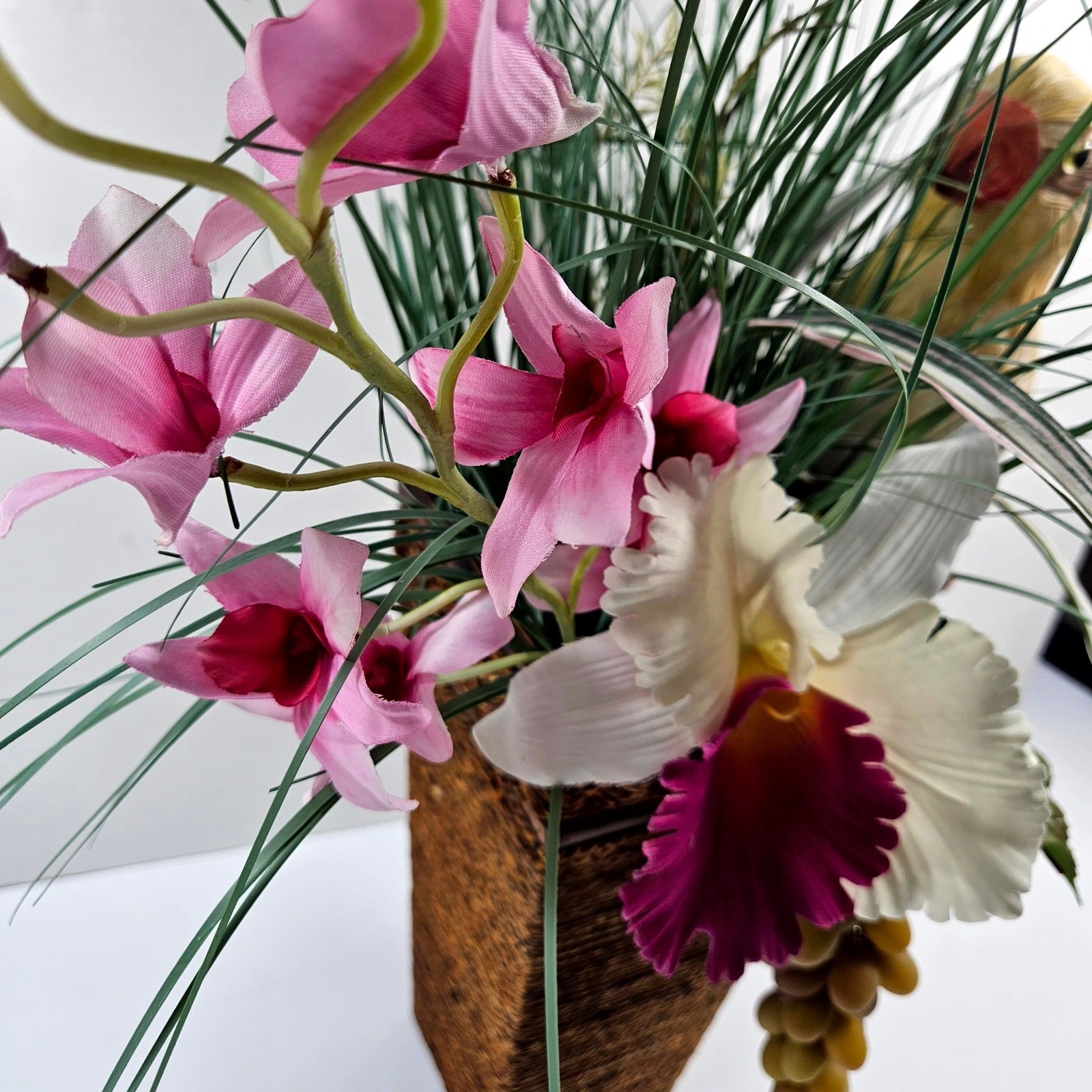 Floral Wall Decor OS Brown Pink Tropical Orchid Bird Tiki Arrangement Beach