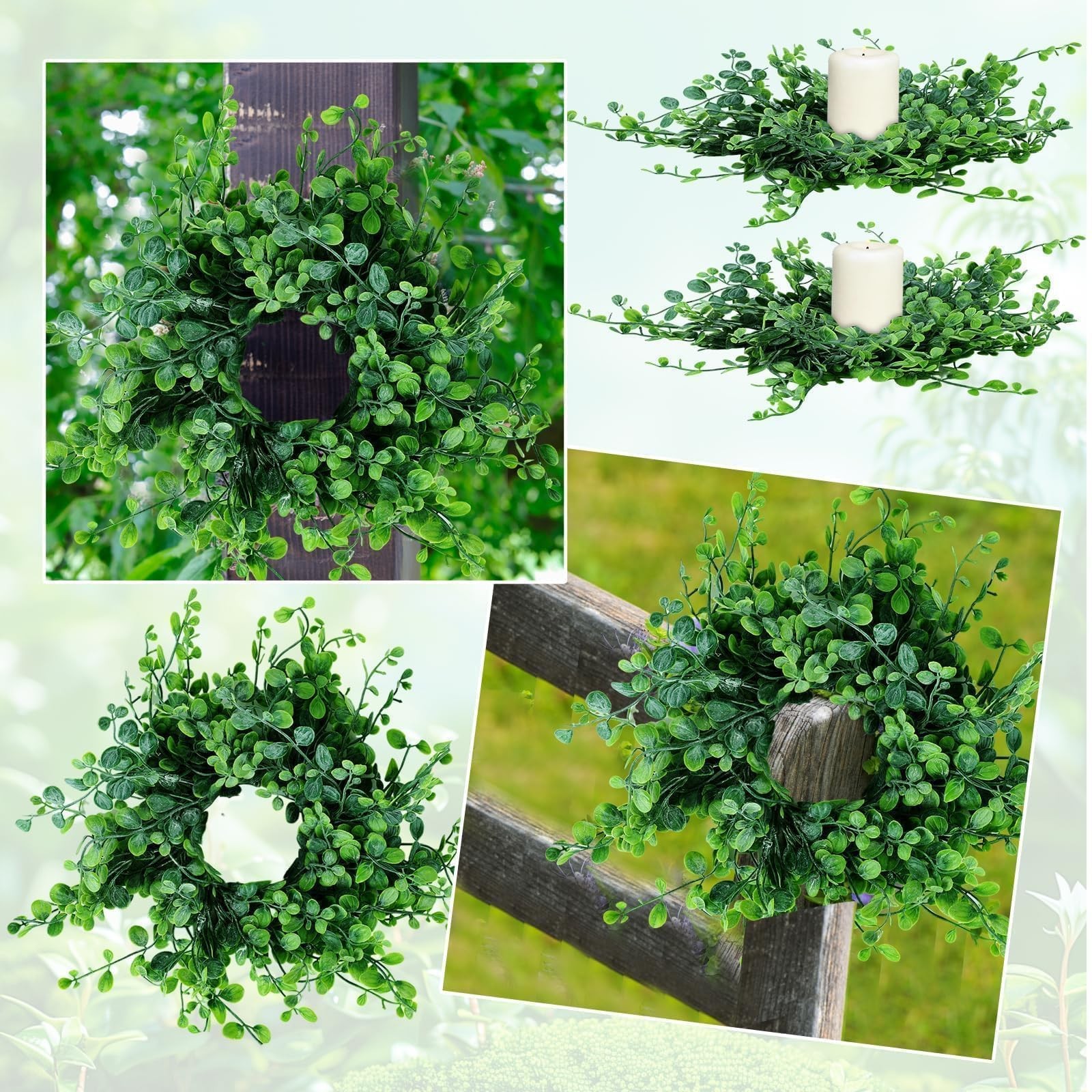 12 Pcs Mini Green Boxwood Candle Rings Wreaths Spring Summer Kitchen Cabinet Swa