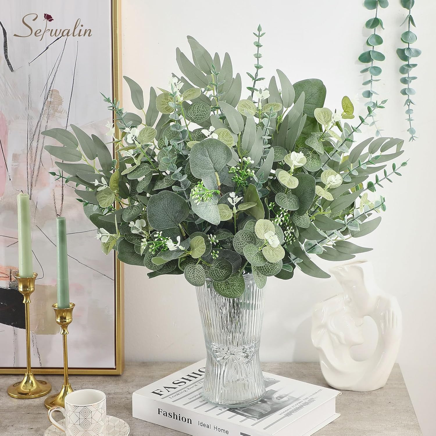 300 Pcs Faux Eucalyptus Leaves Stems for DIY Bouquets & Home Decor