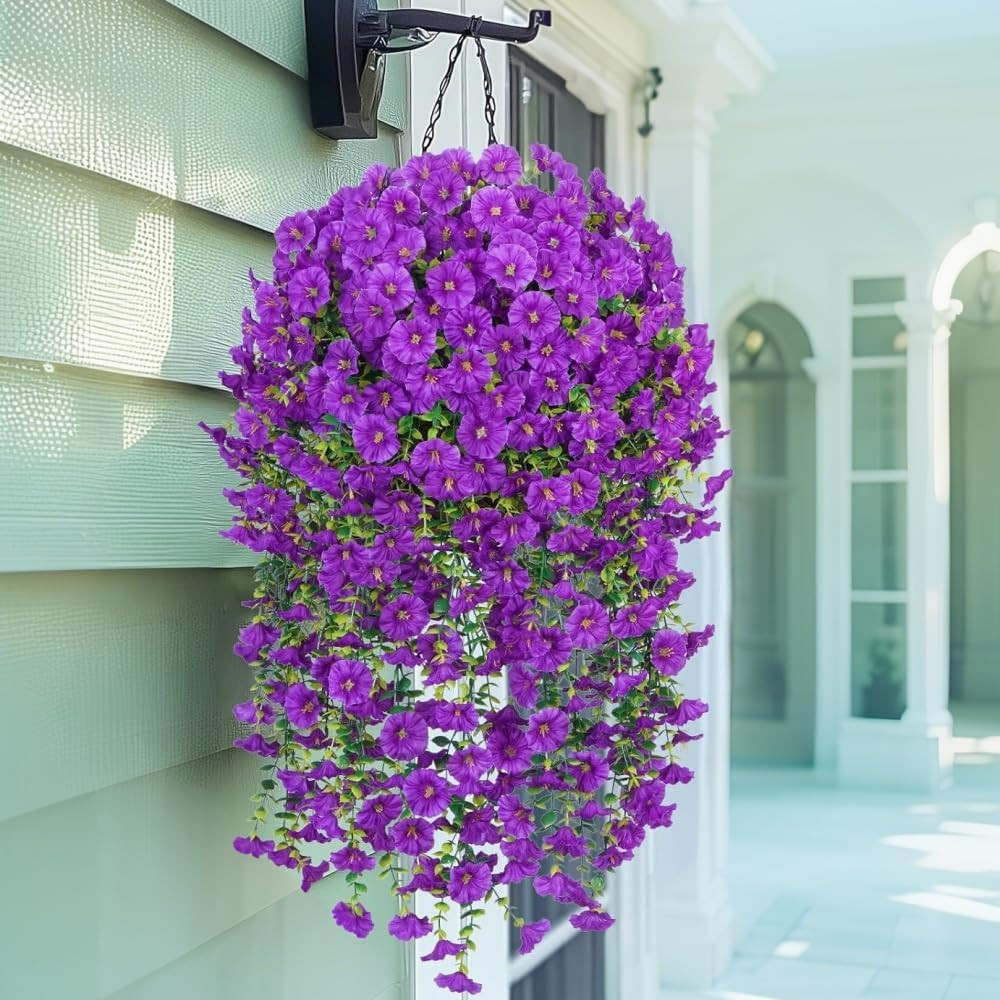 4Pcs Artificial Hanging Flowers for Outdoor Fake Morning Glory Purple | Realisti