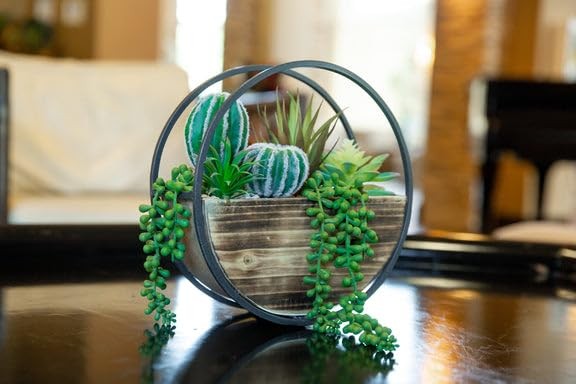 11 Inch Artificial Round Wood Metal Wall Faux Succulent Plant Mix TS1881E