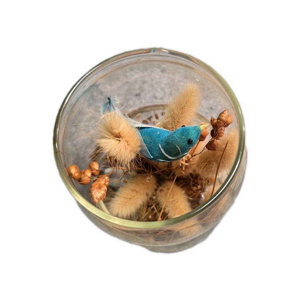 VTG Apothecary Jar Dried Floral Terrarium with Blue Bird