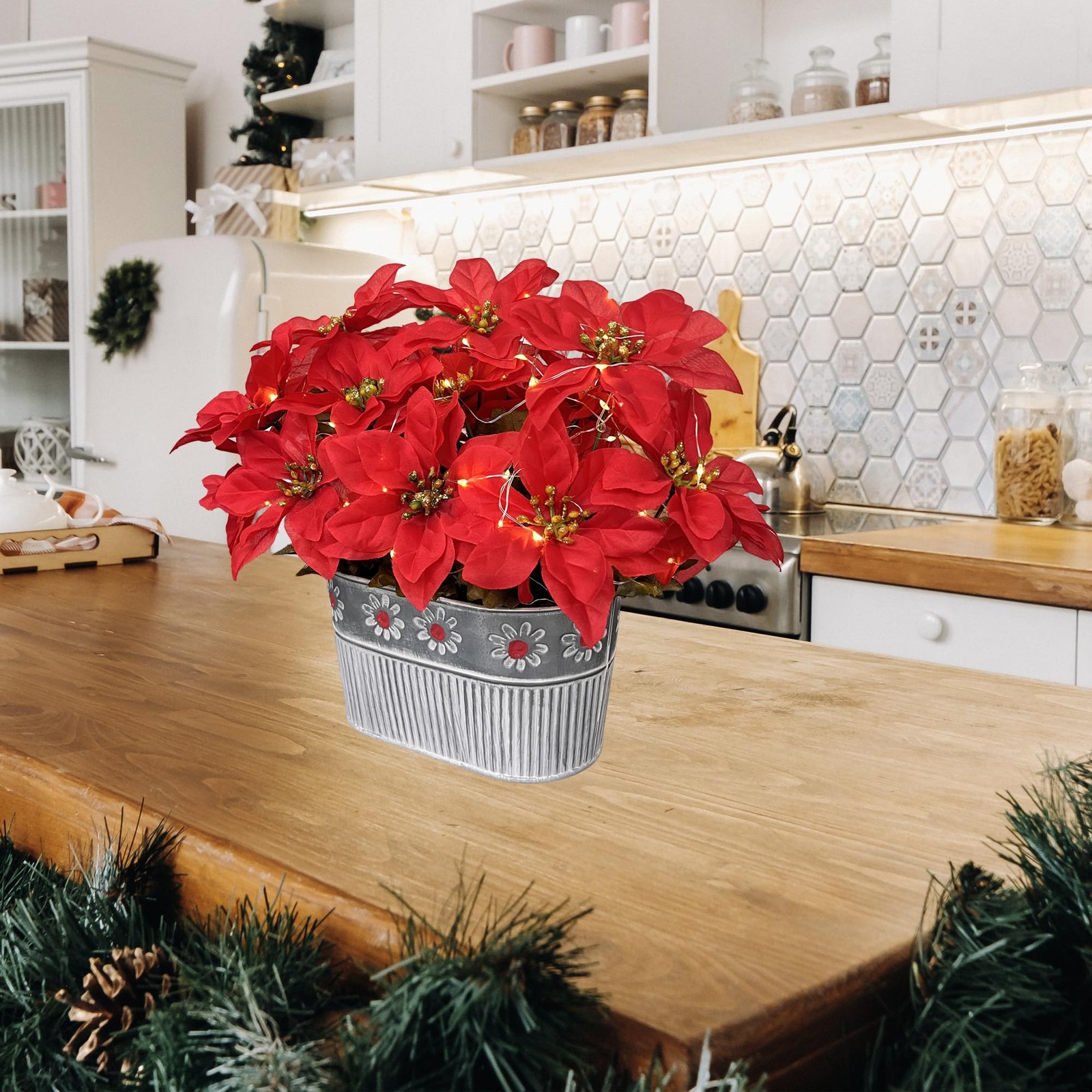 Best Christmas Poinsettia Table Centerpiece – Rustic Metal Pot with LED Lights