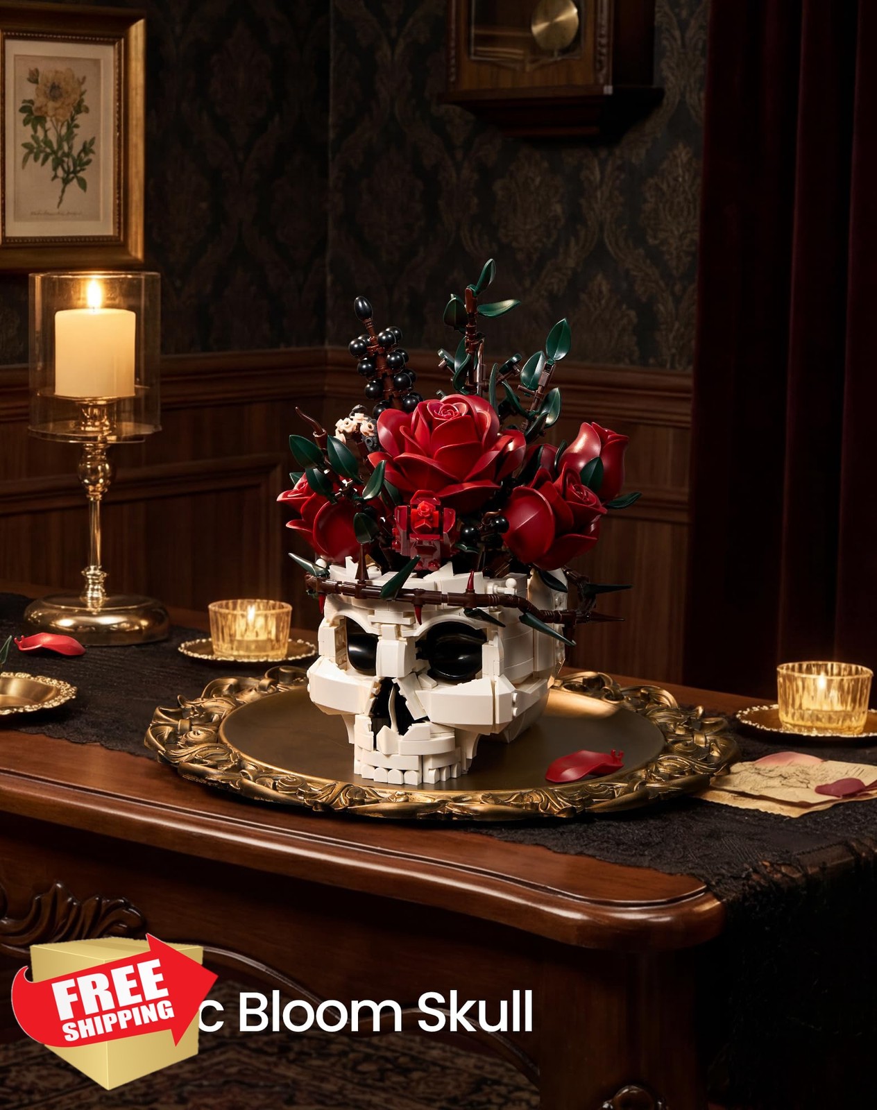 Bloxbotany Gothic Skull Rose Flower Bouquet Building Set