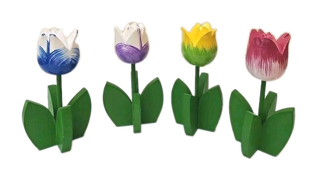 Four Wooden Multicolor Tulips Decor 5″ Tall
