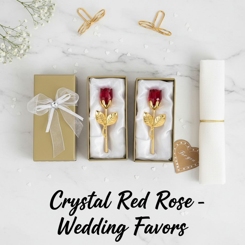 Crystal Red Rose Gold Stem Gift – Forever Artificial Flowers Wedding Favors Box