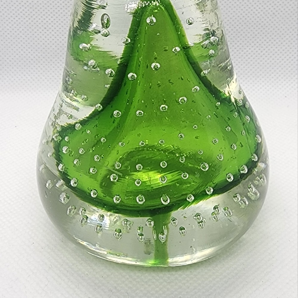 Glass Paperweight Pear Shape Green & Clear Glass with Air Bubbles